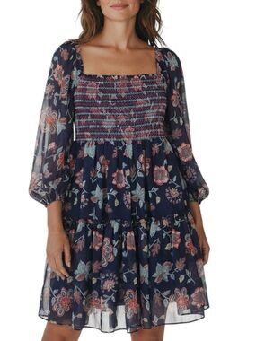 NWT SACHIN + BABI Navy Floral Smocked Bodice Ruffle Hem Mini Dress Size Medium